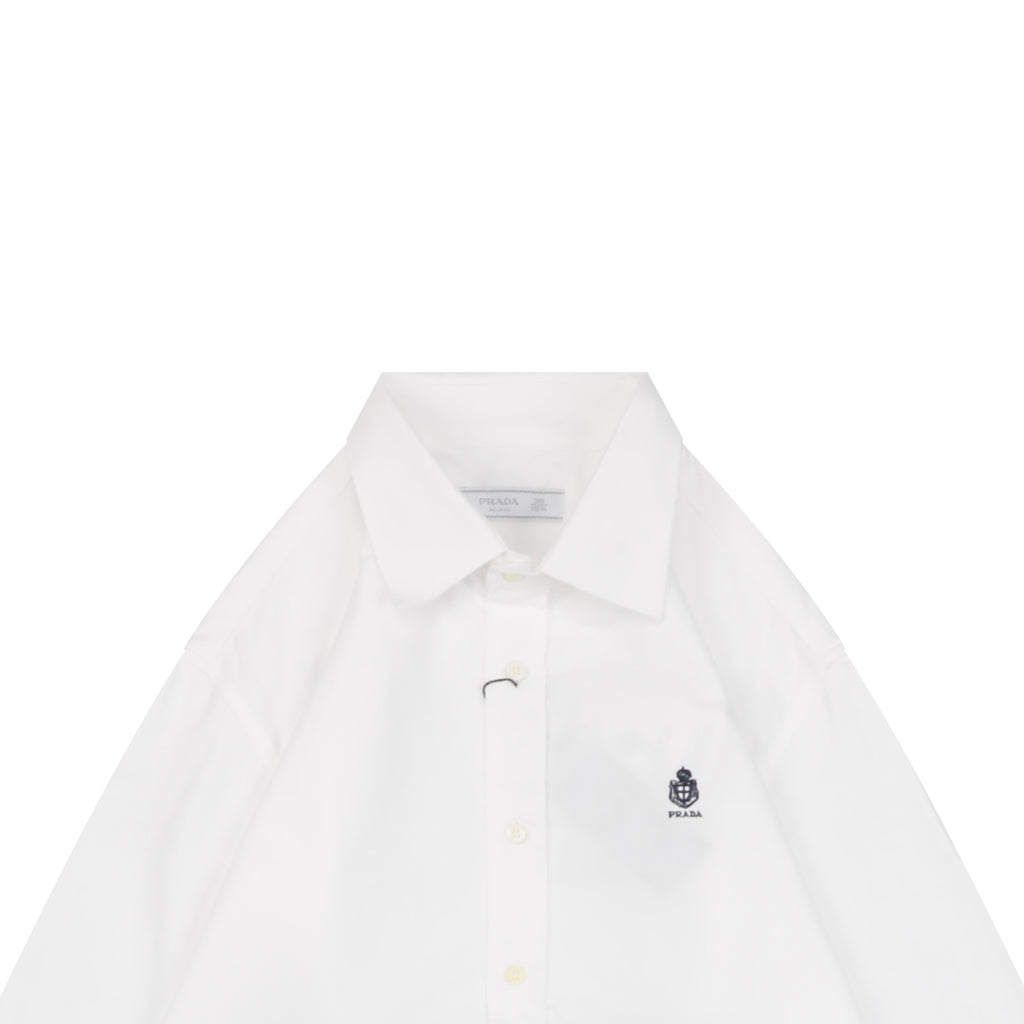 Prada Badge Logo Embroidered Long Sleeve Shirt — White