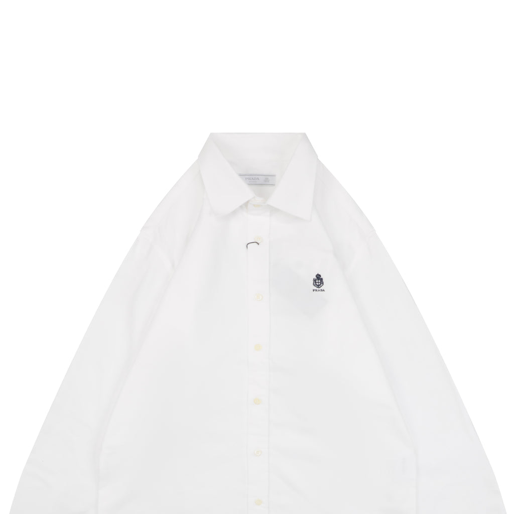 Prada Badge Logo Embroidered Long Sleeve Shirt — White