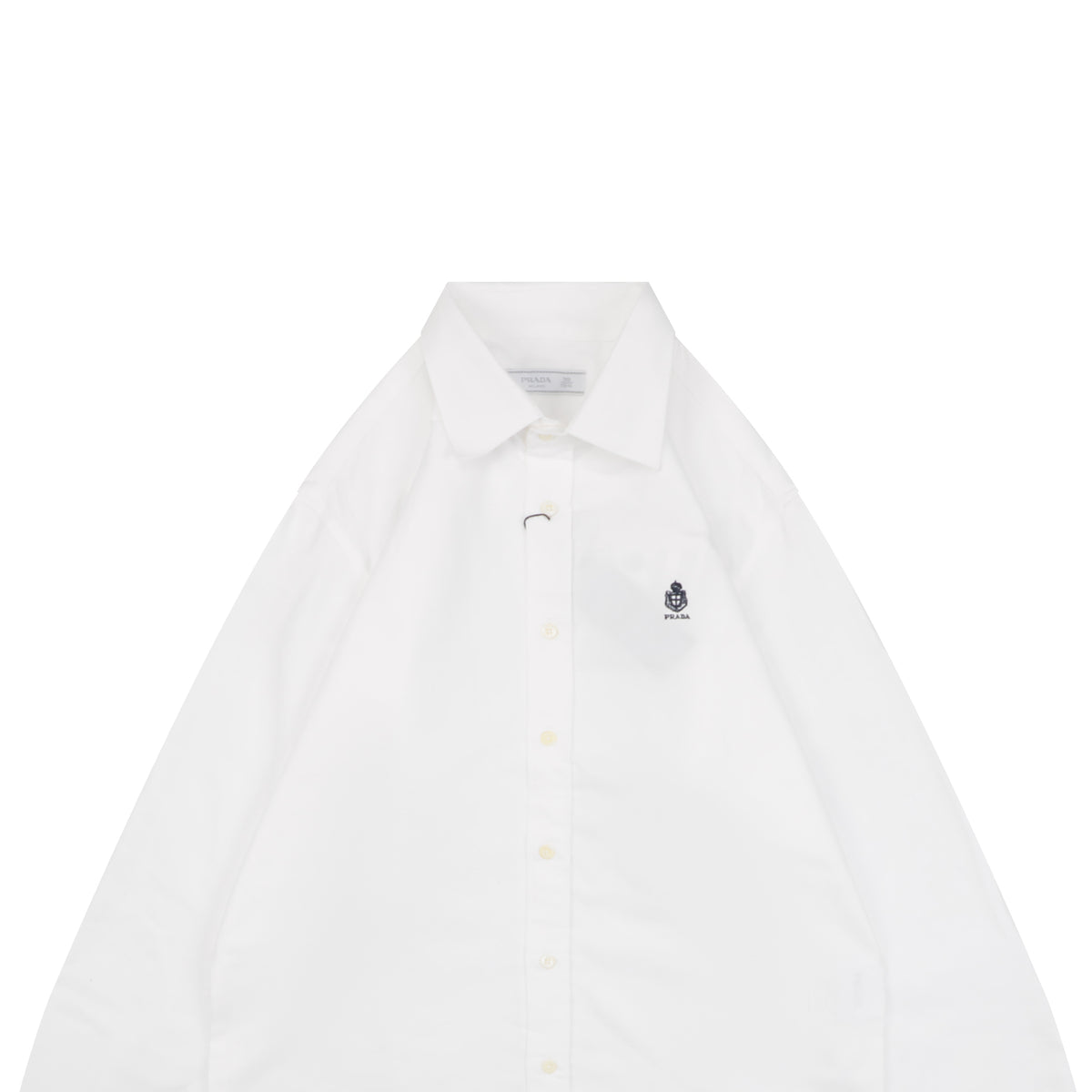 Prada Badge Logo Embroidered Long Sleeve Shirt — White