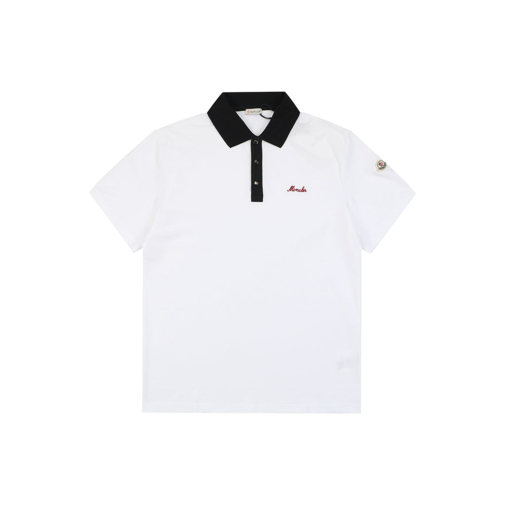 Moncler Signature Script Contrast Collar Polo Shirt White
