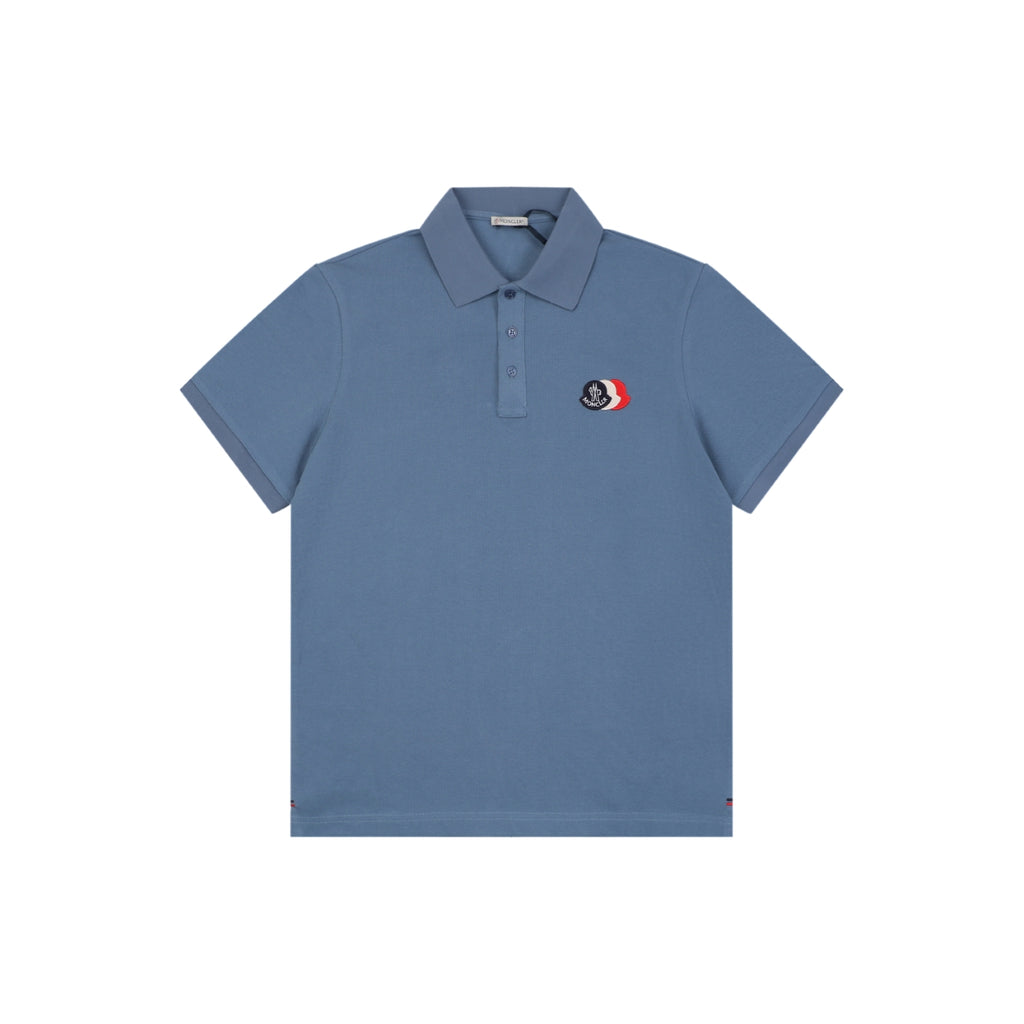 Moncler Tricolour M Badge Embroidered Polo Shirt Steel Blue