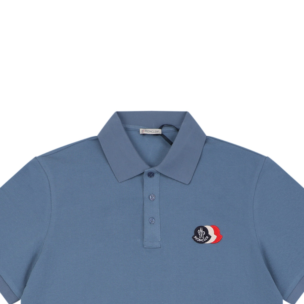 Moncler Tricolour M Badge Embroidered Polo Shirt Steel Blue