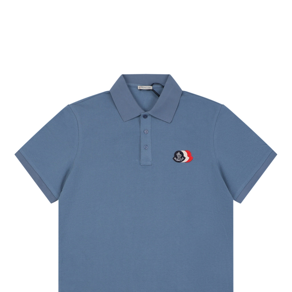 Moncler Tricolour M Badge Embroidered Polo Shirt Steel Blue