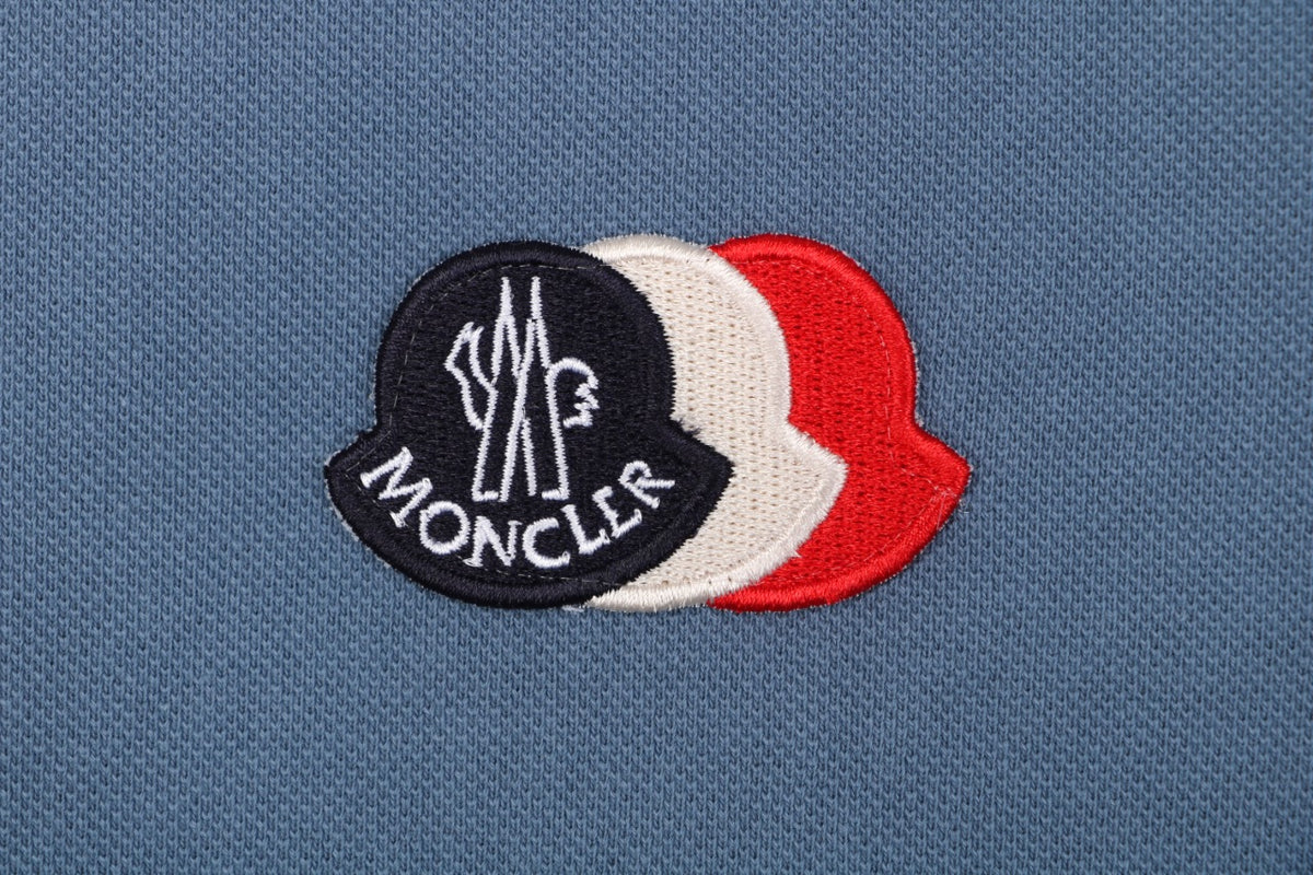 Moncler Tricolour M Badge Embroidered Polo Shirt Steel Blue