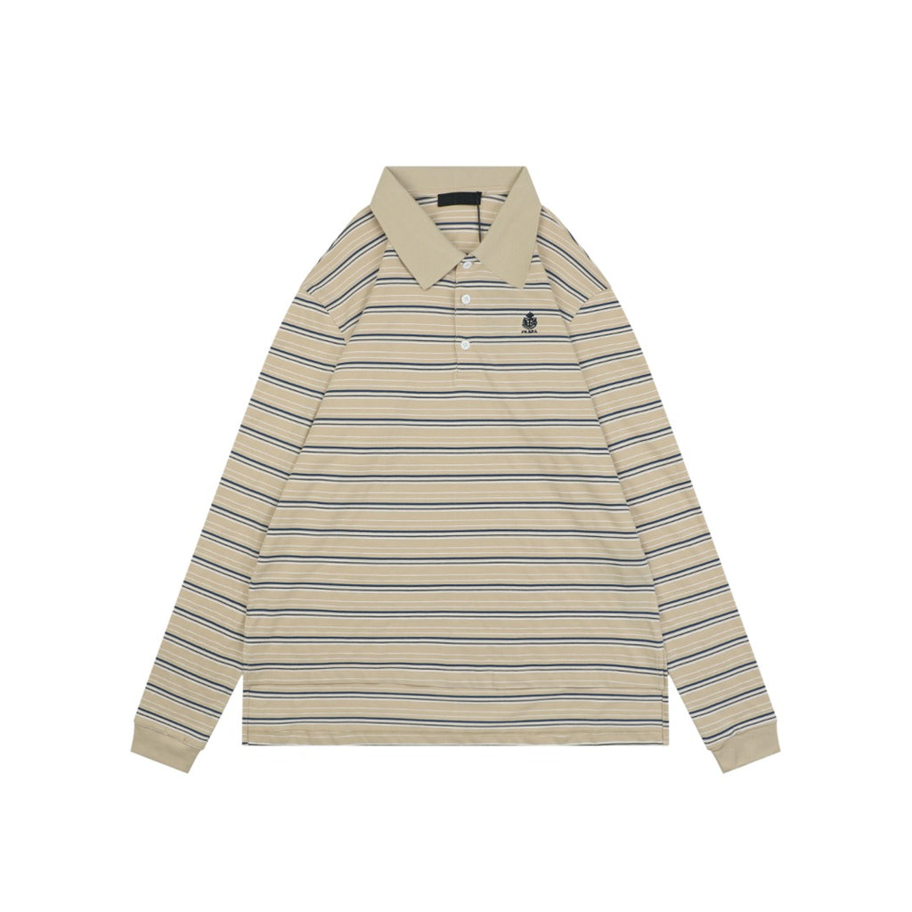 Prada Crest Stripe Long Sleeve Polo Shirt Khaki
