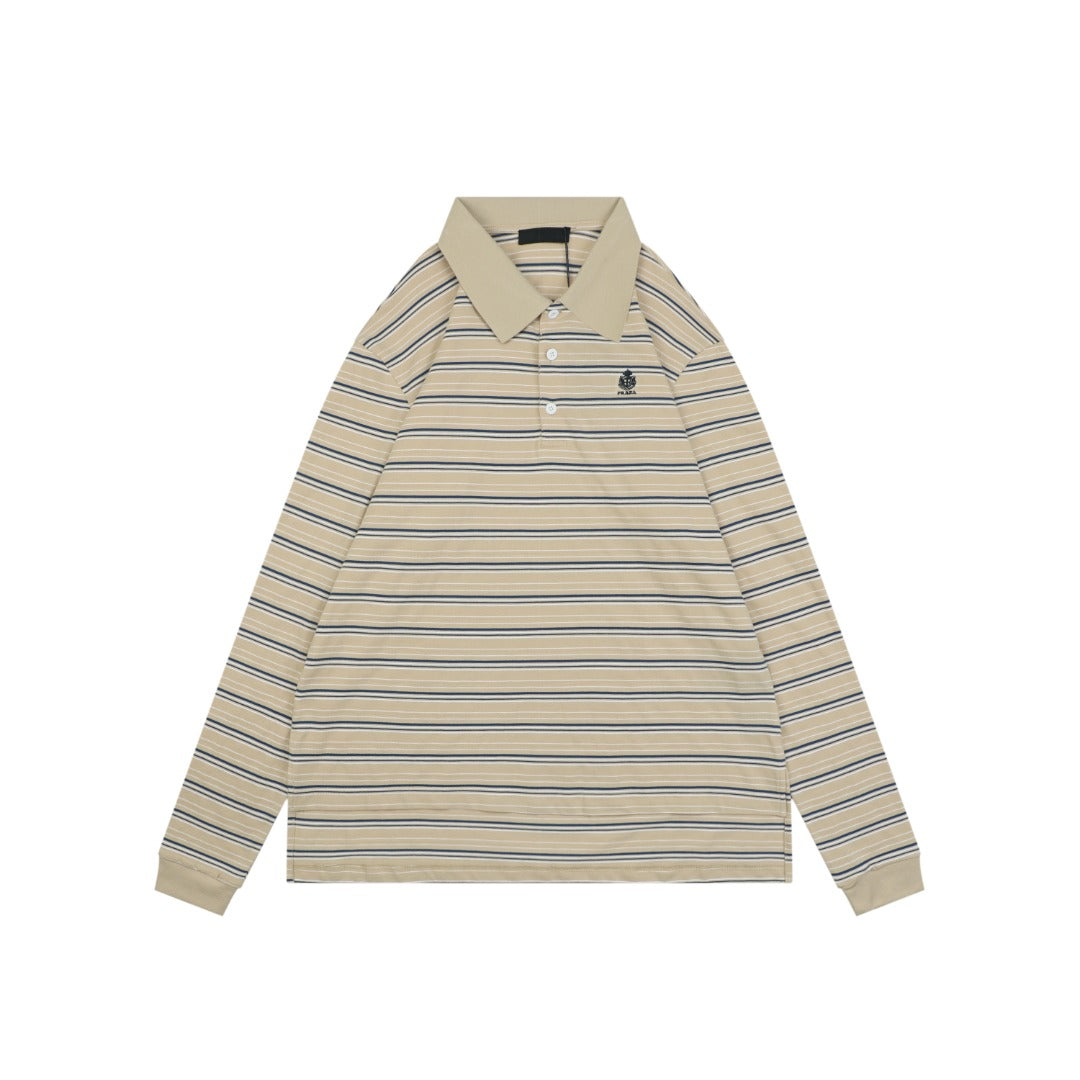 Prada Crest Stripe Long Sleeve Polo Shirt Khaki
