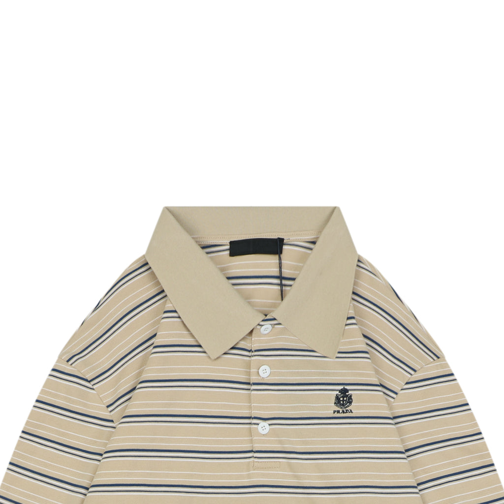 Prada Crest Stripe Long Sleeve Polo Shirt Khaki