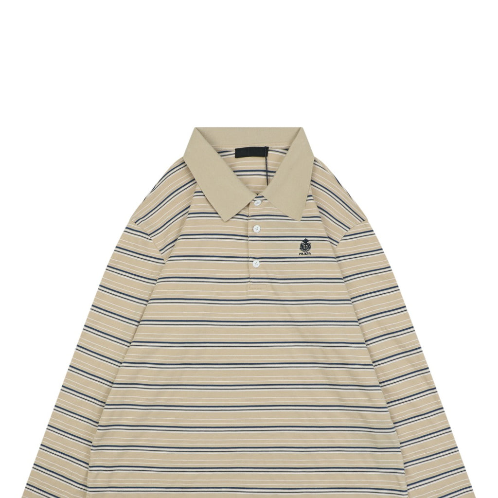 Prada Crest Stripe Long Sleeve Polo Shirt Khaki