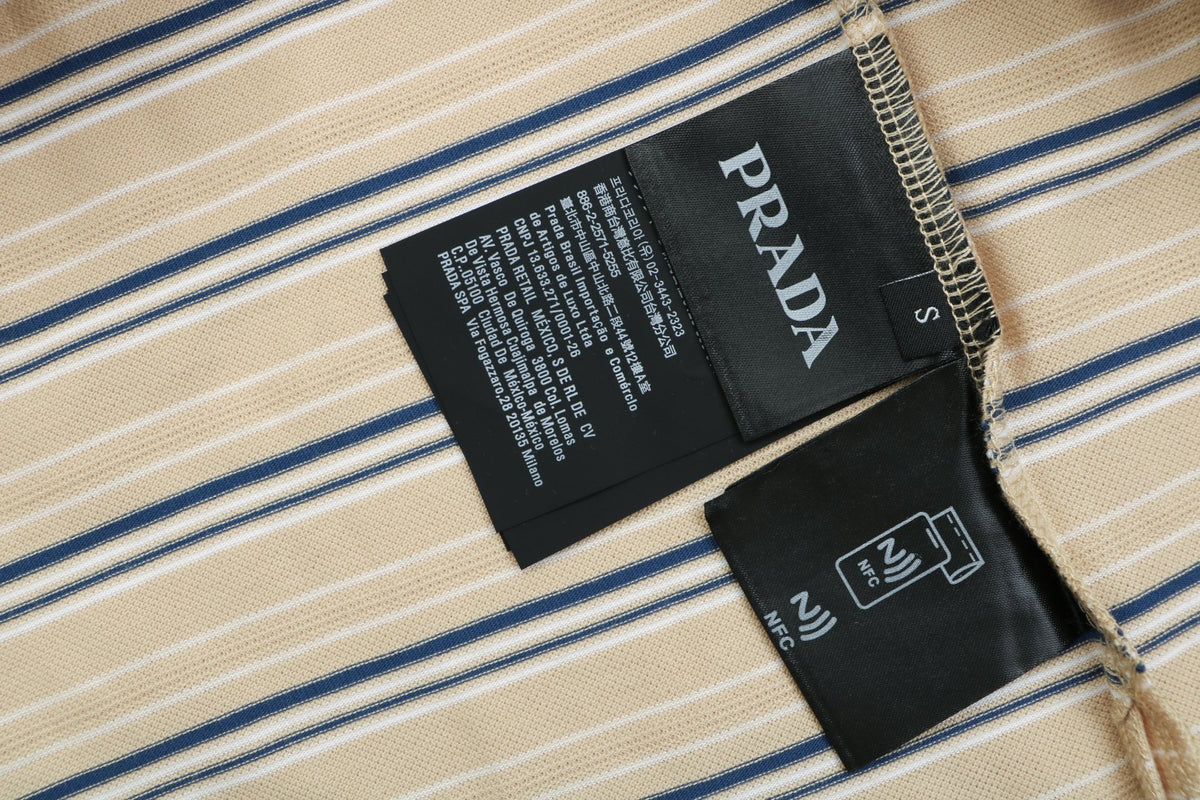 Prada Crest Stripe Long Sleeve Polo Shirt Khaki