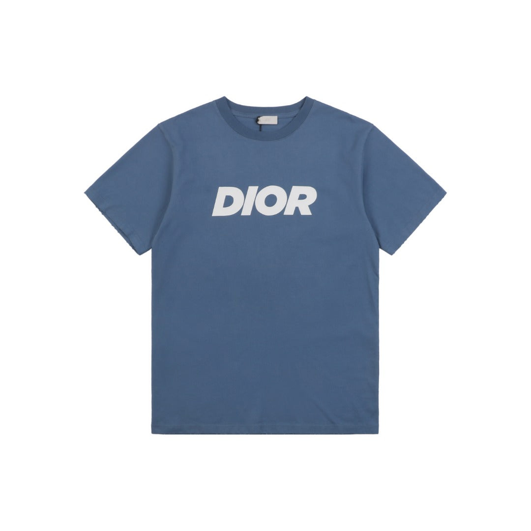 Dior 24SS Bold Italic Logo Print Short Sleeve Tee Slate Blue