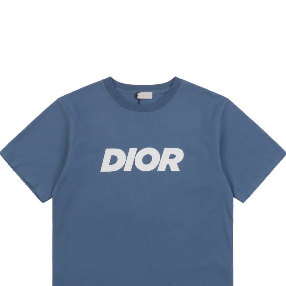 Dior 24SS Bold Italic Logo Print Short Sleeve Tee Slate Blue