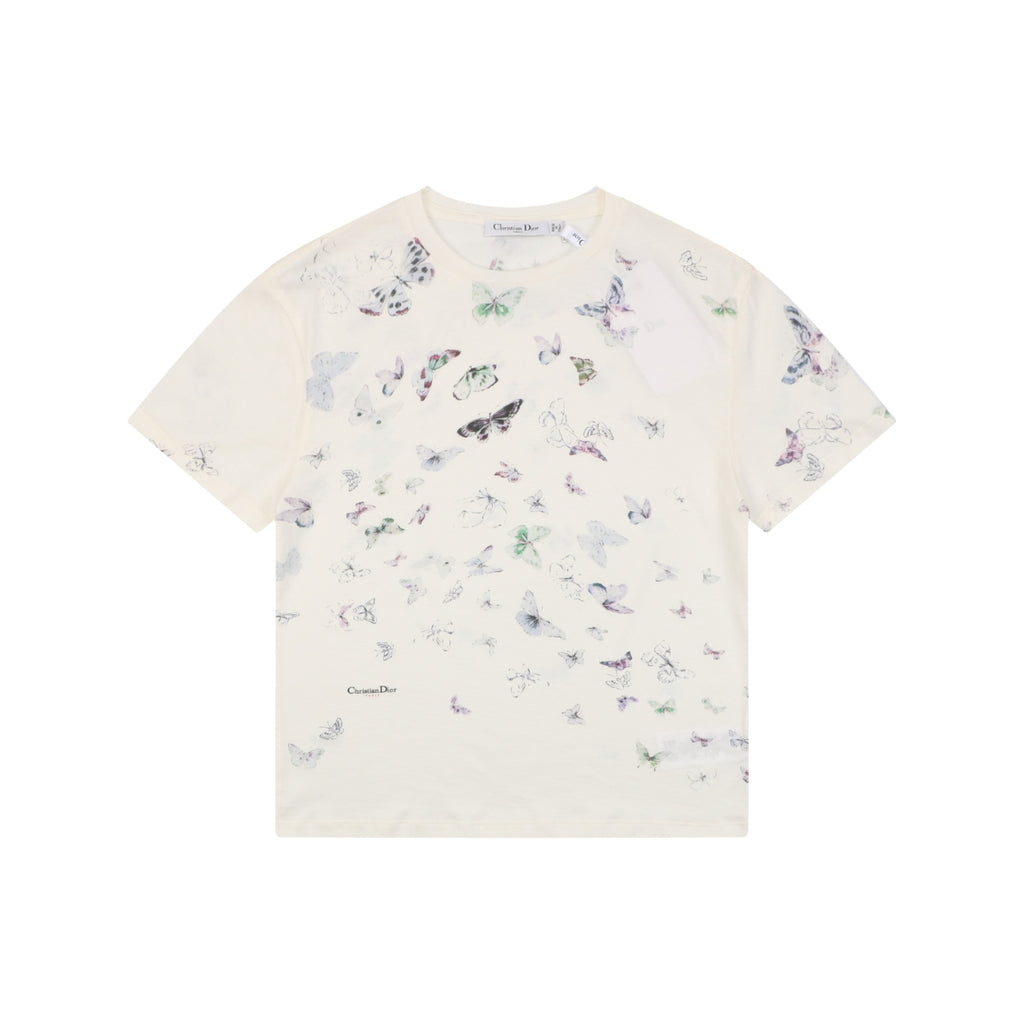 Dior Multicolour Butterfly Print Short Sleeve Tee Ecru