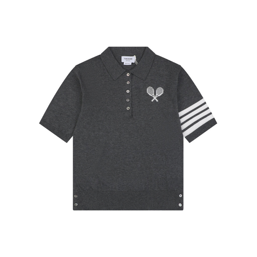 Thom Browne Tennis Racket Five-Button Short Sleeve Polo Dark Grey