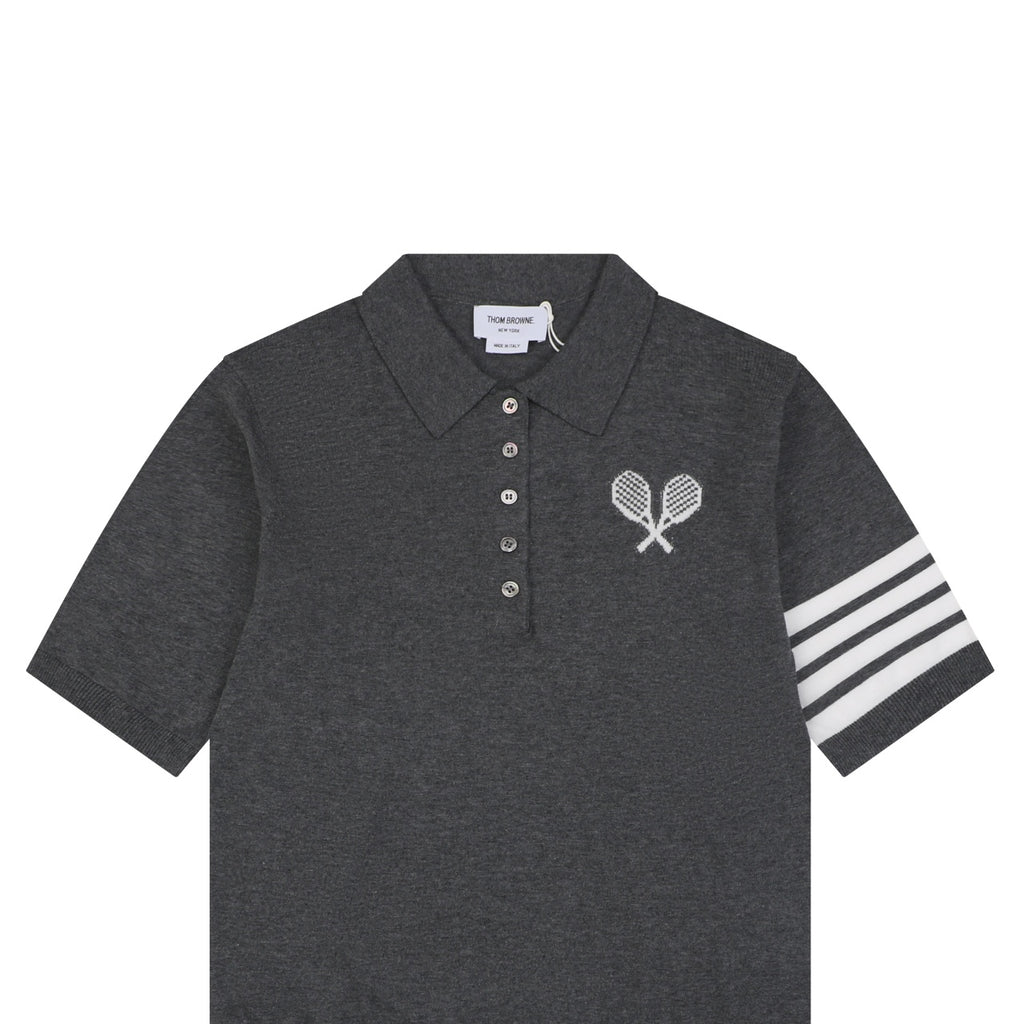 Thom Browne Tennis Racket Five-Button Short Sleeve Polo Dark Grey