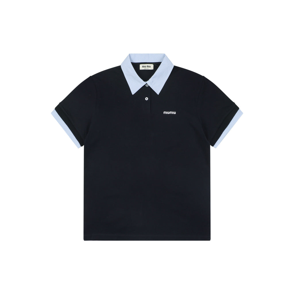 Miu Miu Blue Stripe Contrast Collar Polo Short Sleeve Black