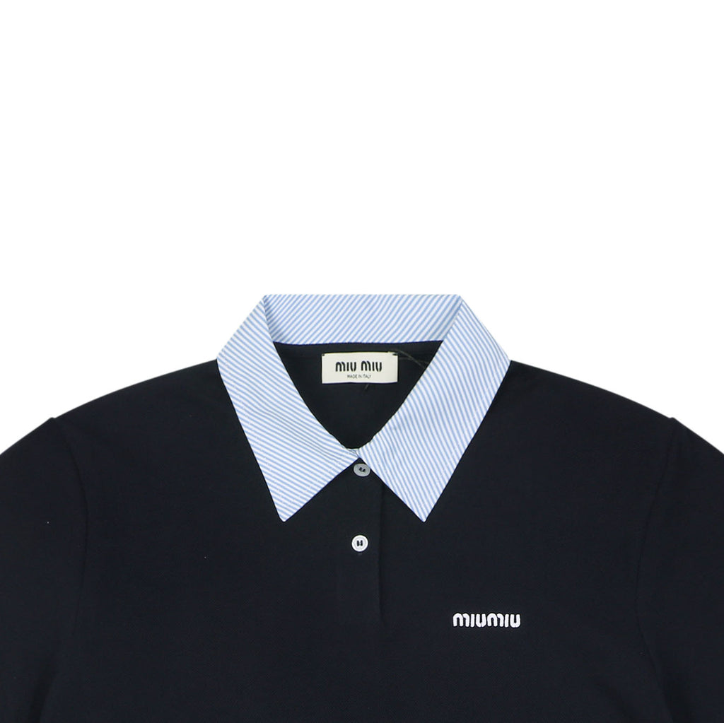 Miu Miu Blue Stripe Contrast Collar Polo Short Sleeve Black