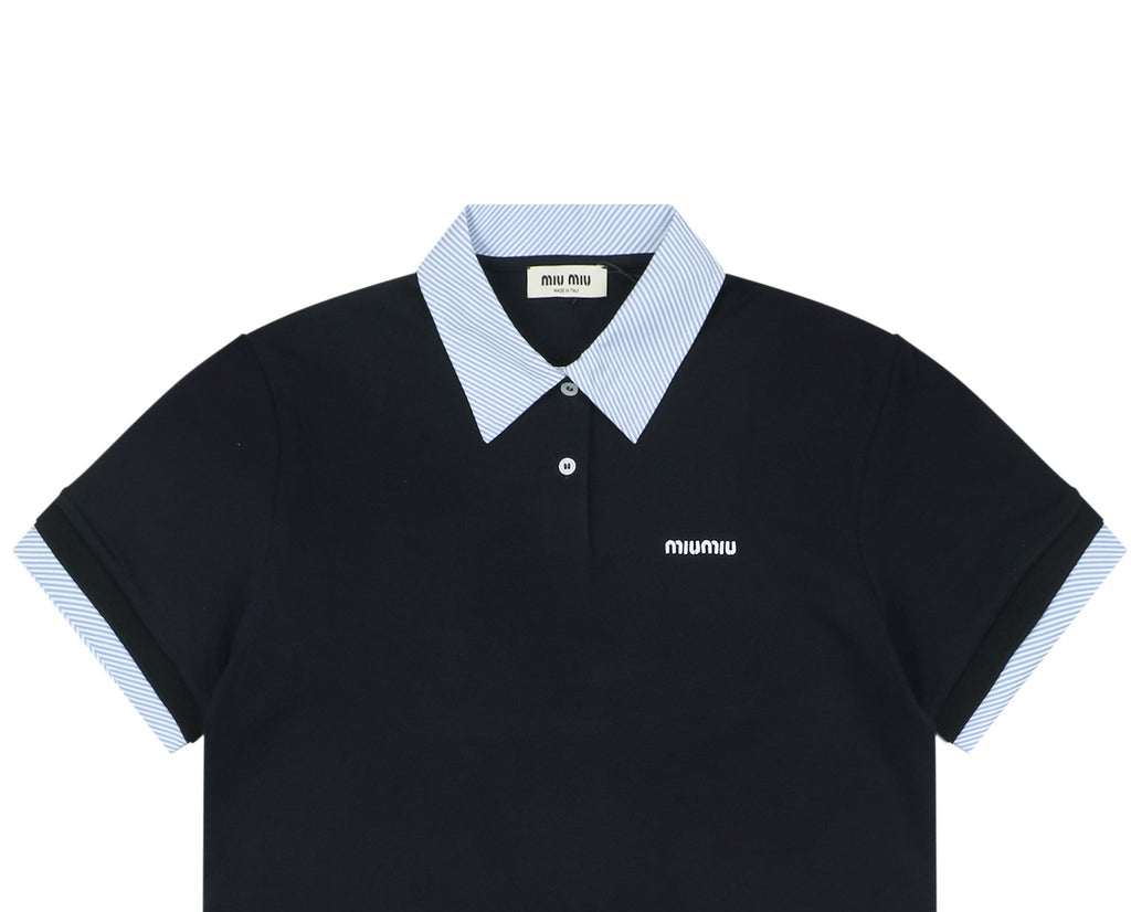 Miu Miu Blue Stripe Contrast Collar Polo Short Sleeve Black
