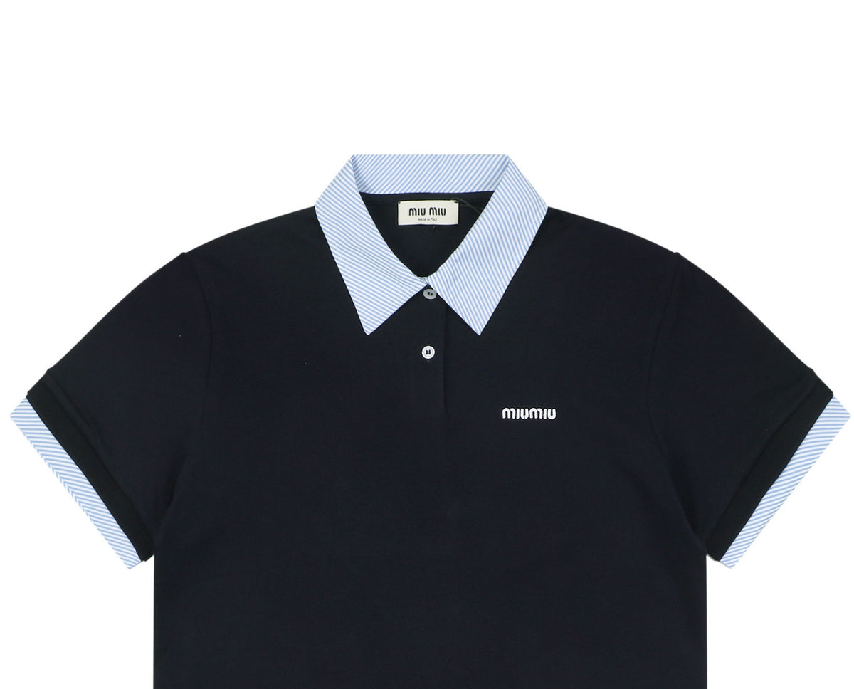 Miu Miu Blue Stripe Contrast Collar Polo Short Sleeve Black