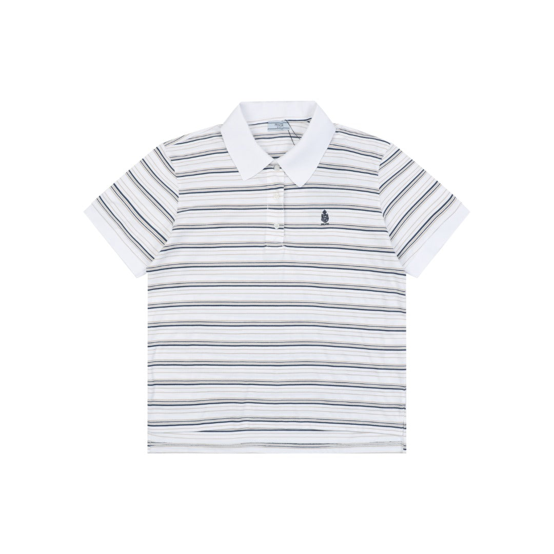Prada Crest Embroidery Stripe Polo Short Sleeve White