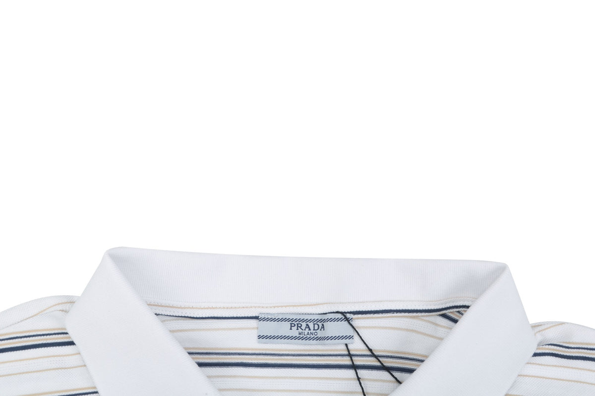Prada Crest Embroidery Stripe Polo Short Sleeve White