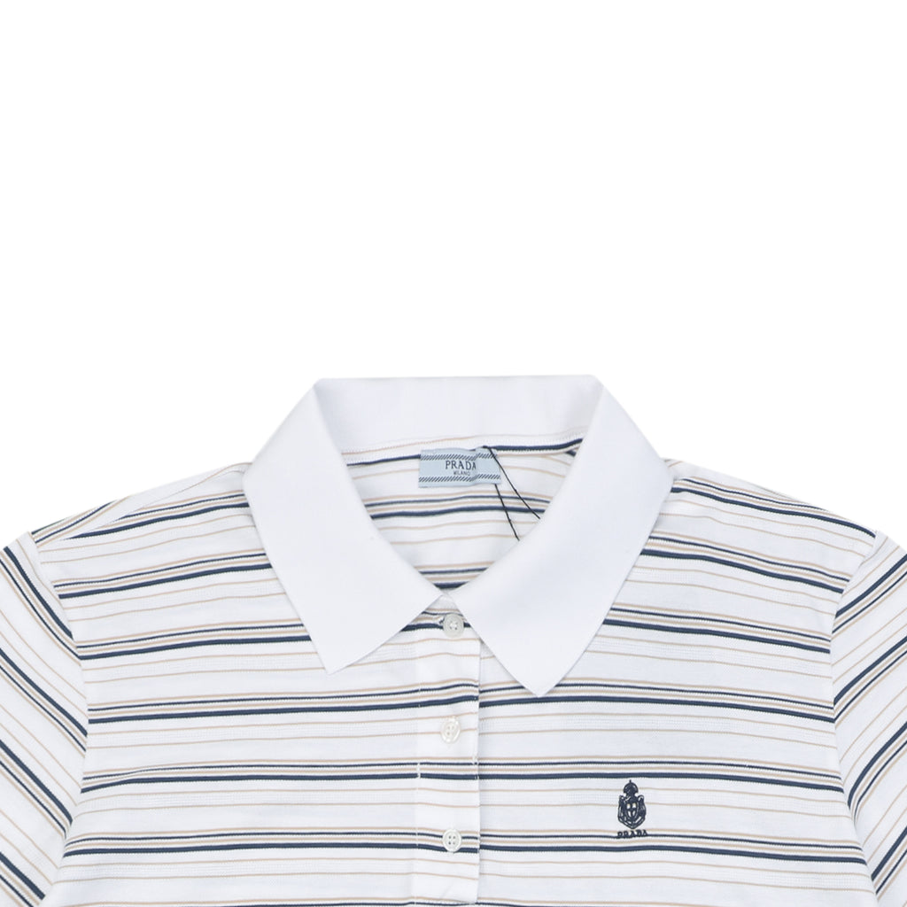 Prada Crest Embroidery Stripe Polo Short Sleeve White