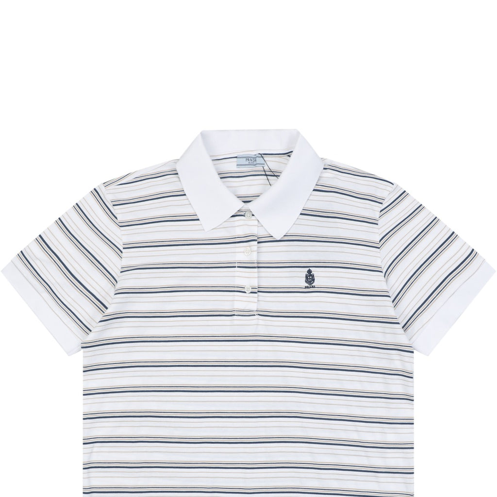 Prada Crest Embroidery Stripe Polo Short Sleeve White
