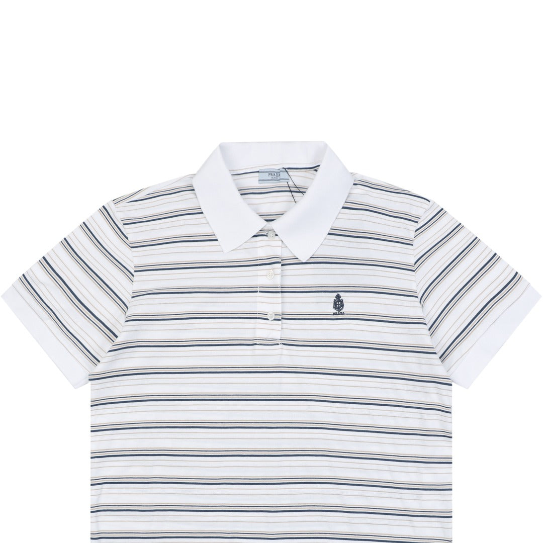 Prada Crest Embroidery Stripe Polo Short Sleeve White