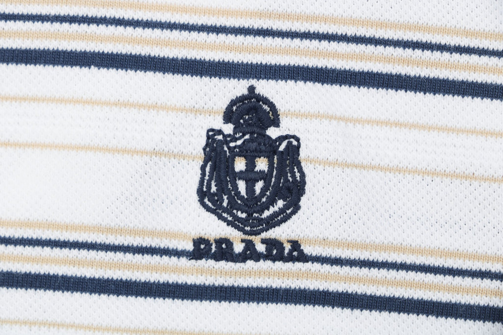 Prada Crest Embroidery Stripe Polo Short Sleeve White