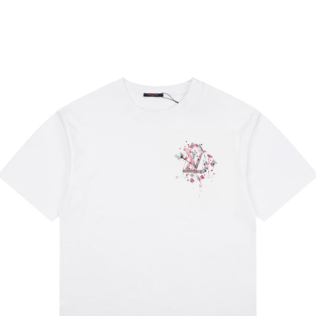 LV Cherry Blossom Graffiti Print Short Sleeve Tee — White