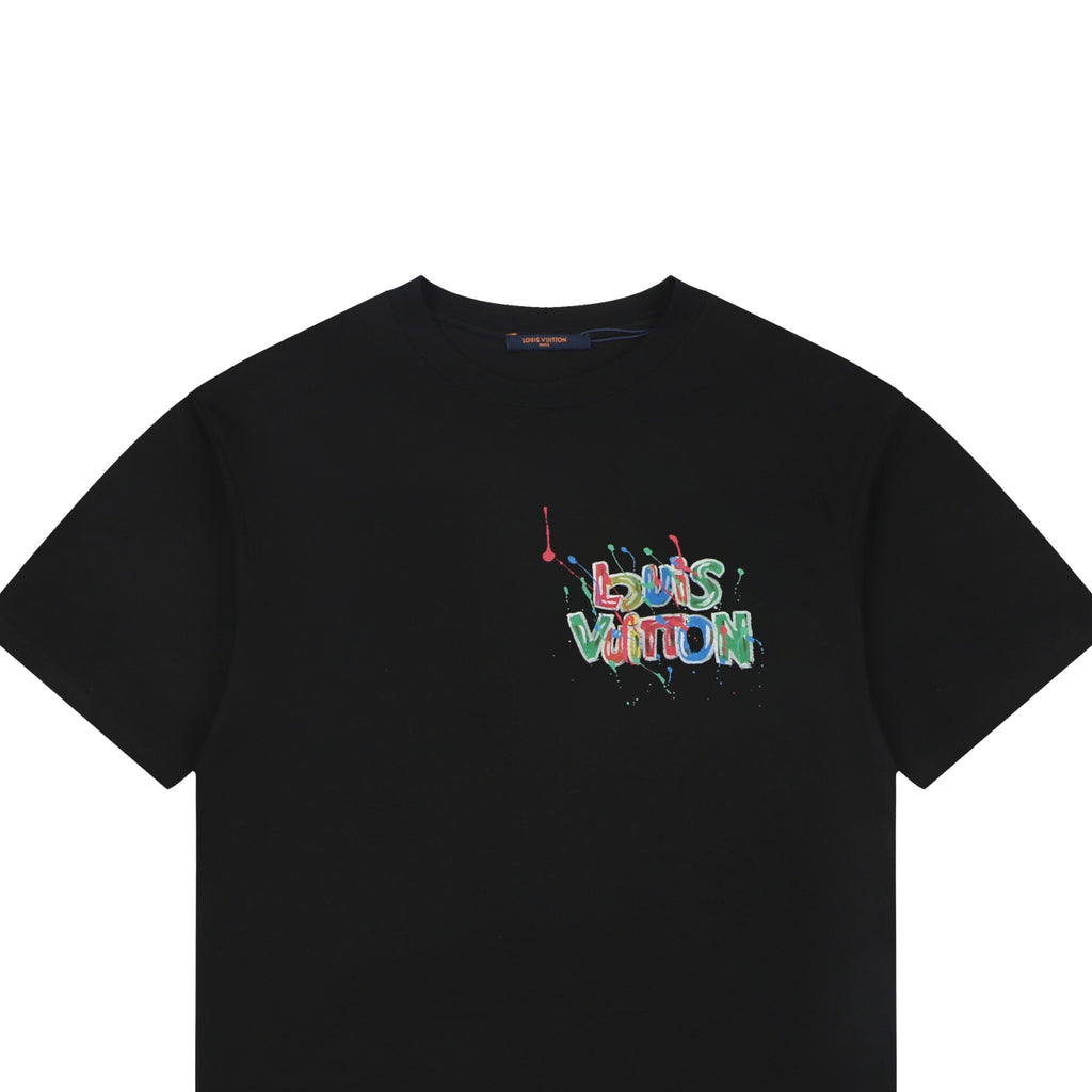 LV Colorful Graffiti Monogram Letter Print Short Sleeve Tee — Black