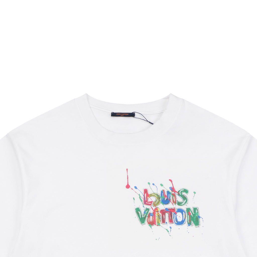 LV Colorful Graffiti Monogram Letter Print Short Sleeve Tee — White