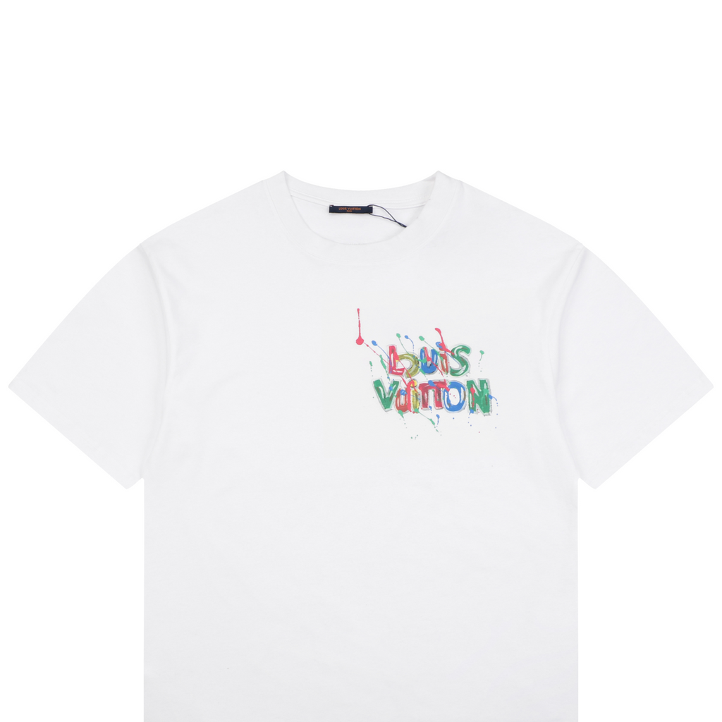 LV Colorful Graffiti Monogram Letter Print Short Sleeve Tee — White