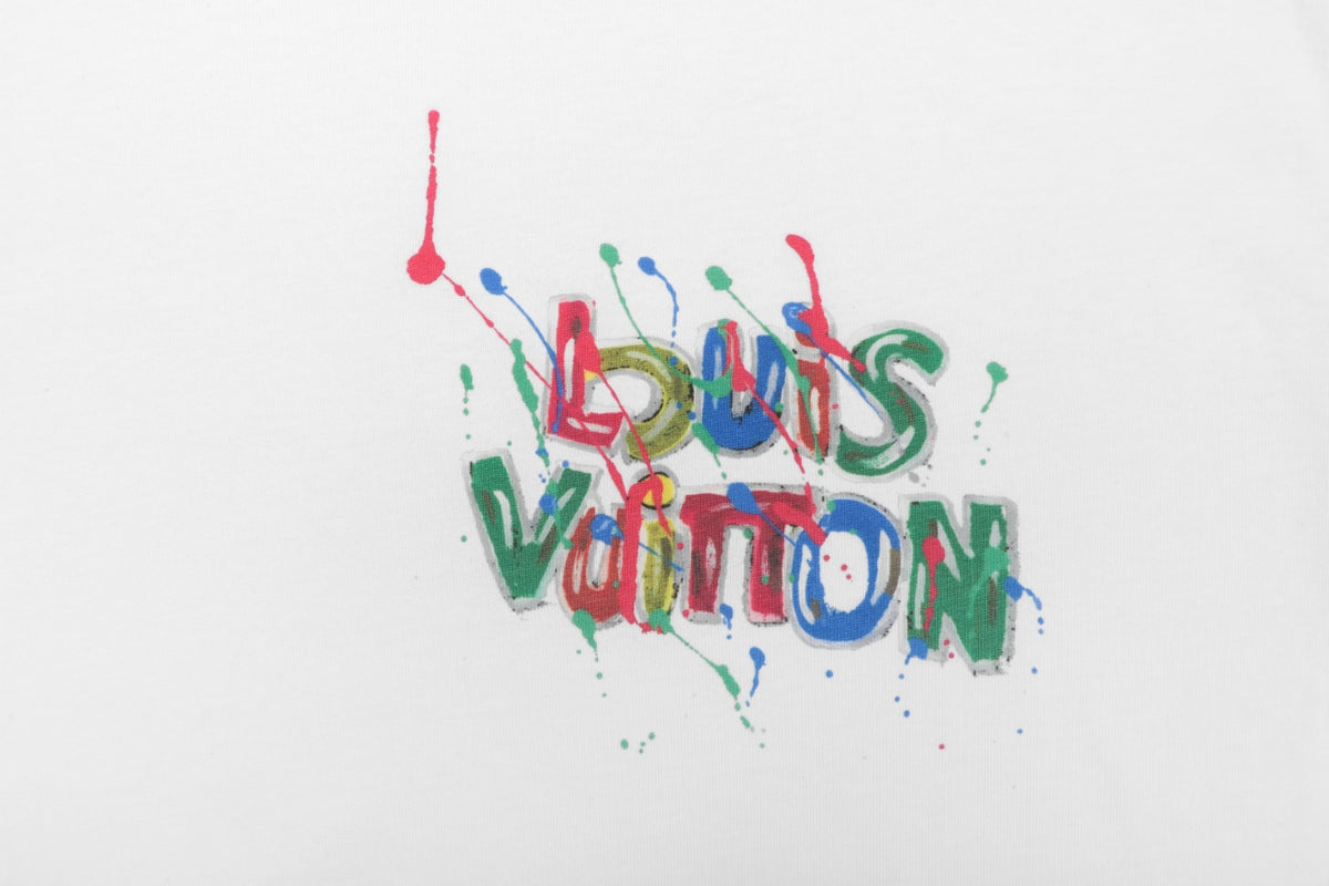 LV Colorful Graffiti Monogram Letter Print Short Sleeve Tee — White