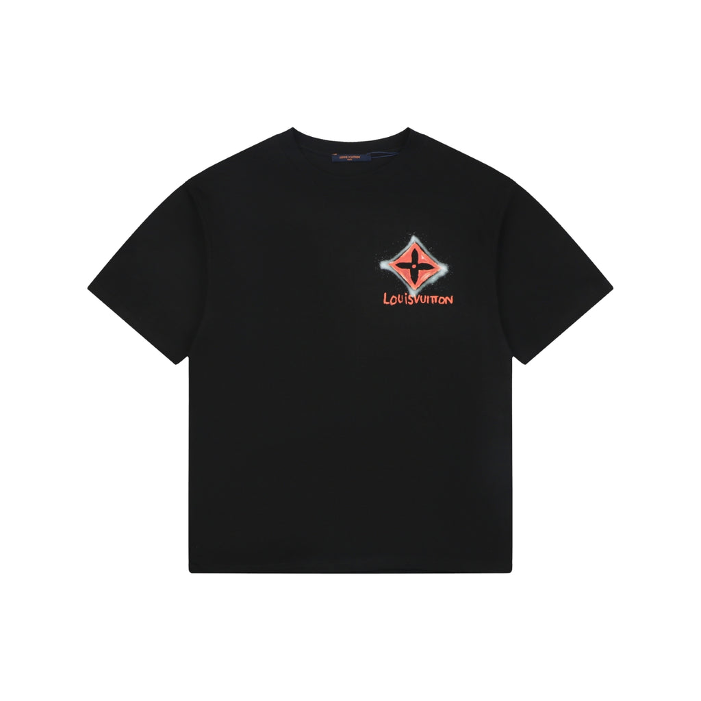 LV Dark Red Diamond Graffiti Print Short Sleeve Tee — Black
