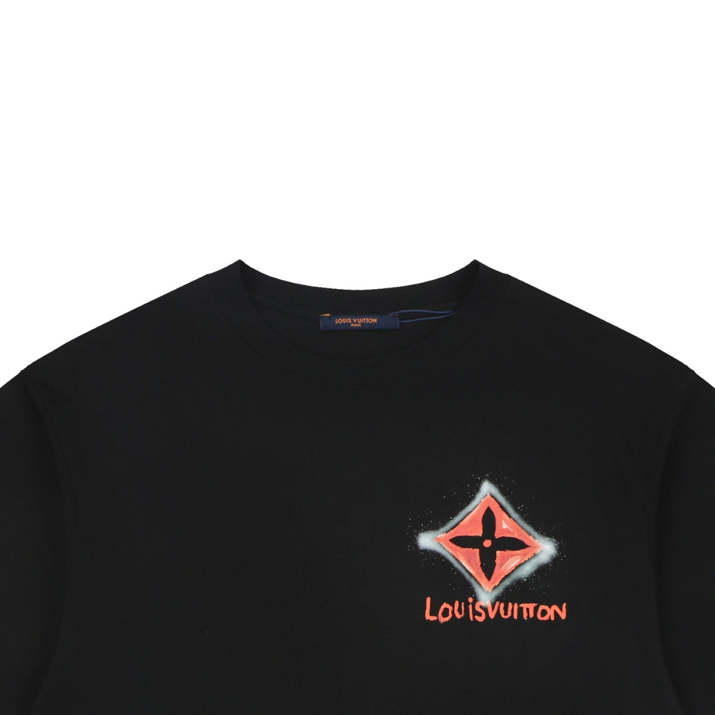 LV Dark Red Diamond Graffiti Print Short Sleeve Tee — Black
