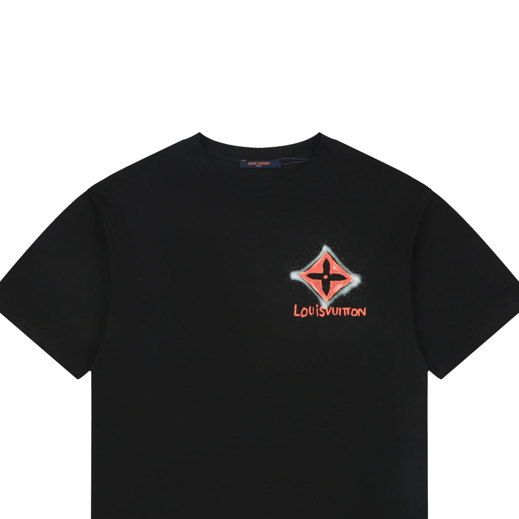 LV Dark Red Diamond Graffiti Print Short Sleeve Tee — Black