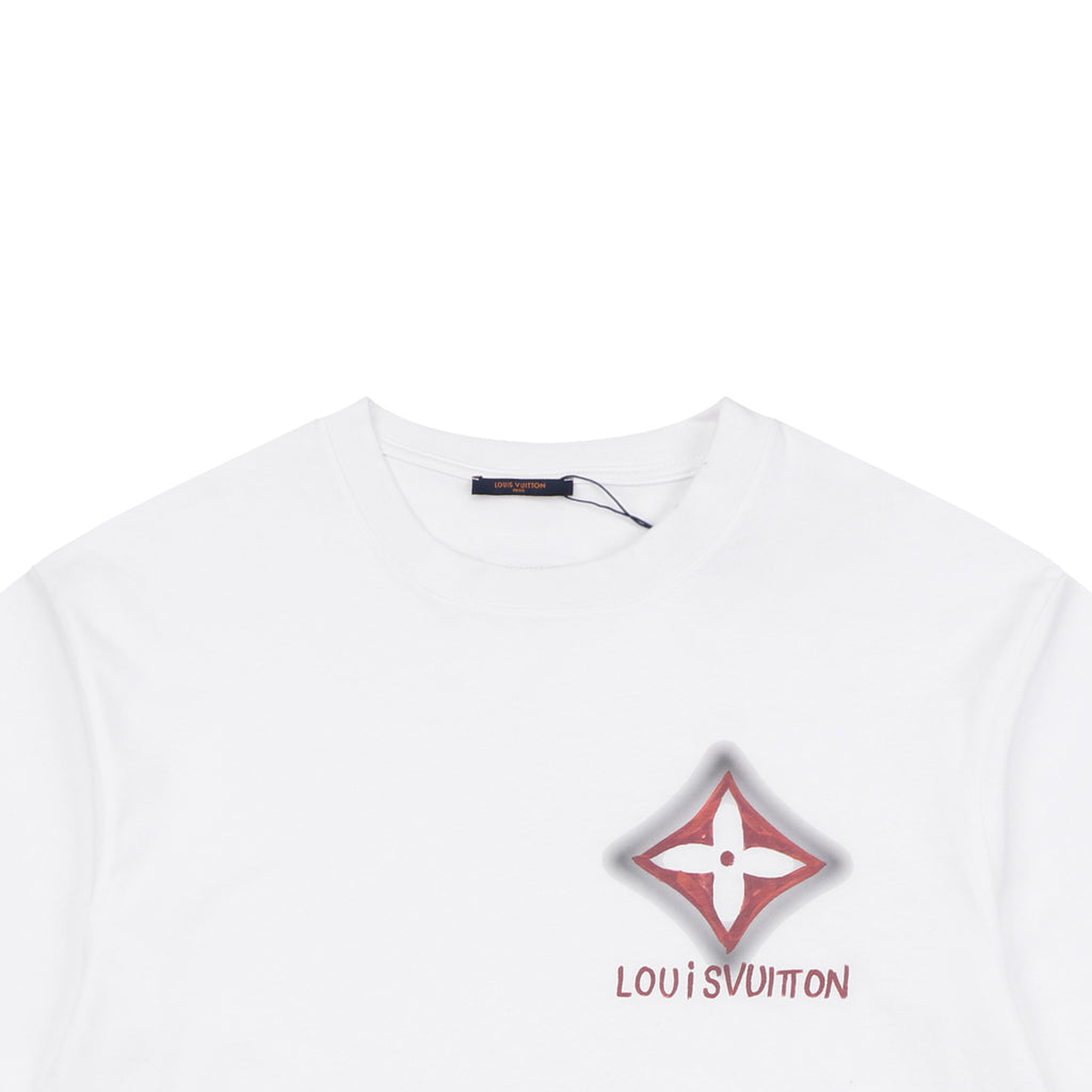 LV Dark Red Diamond Graffiti Print Short Sleeve Tee — White
