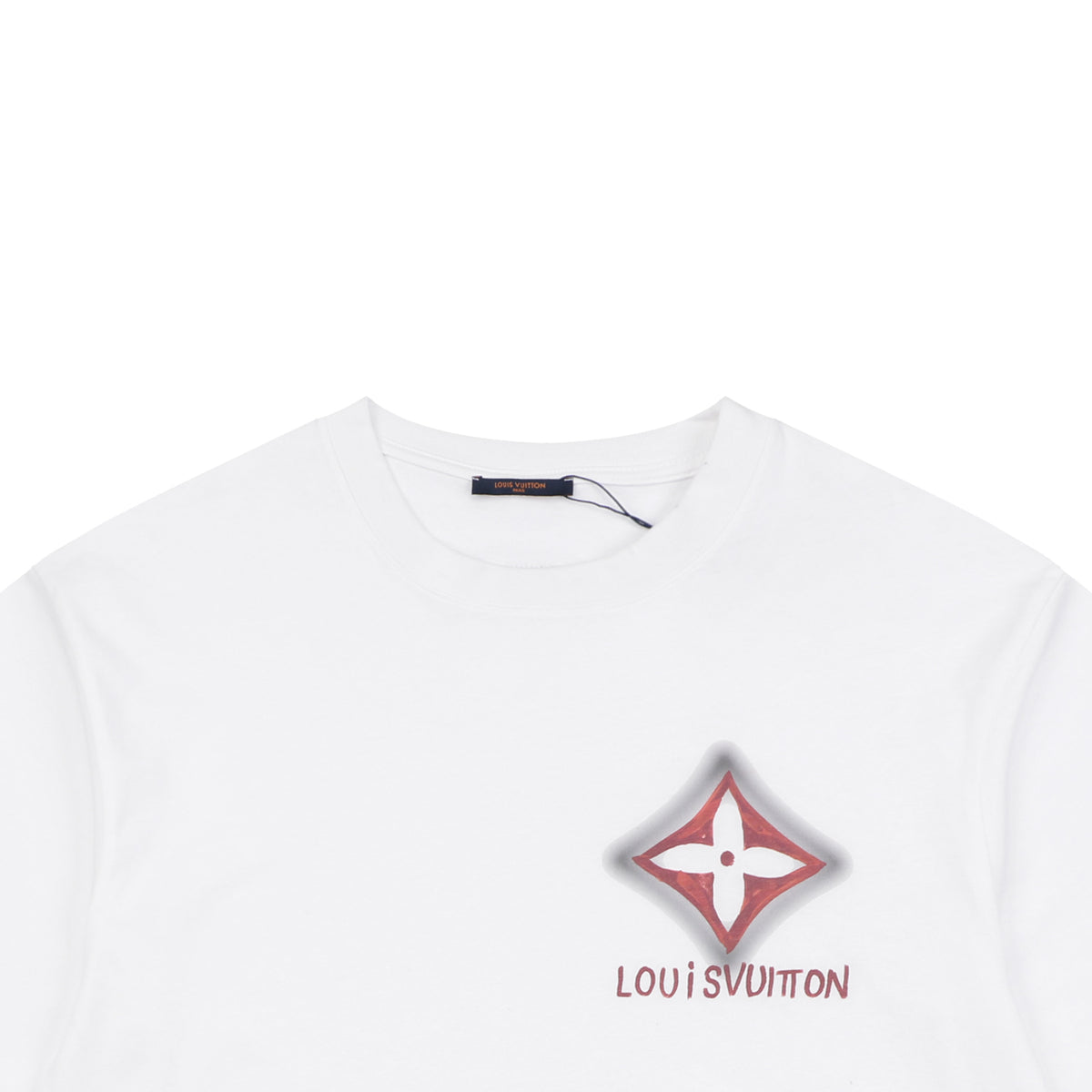 LV Dark Red Diamond Graffiti Print Short Sleeve Tee — White