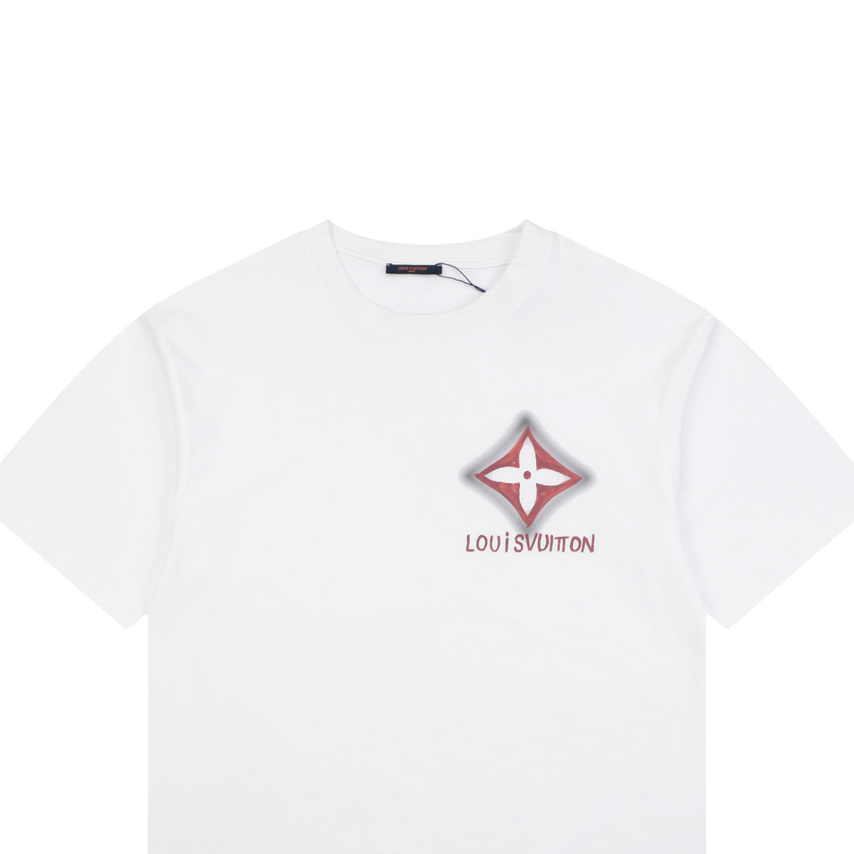 LV Dark Red Diamond Graffiti Print Short Sleeve Tee — White
