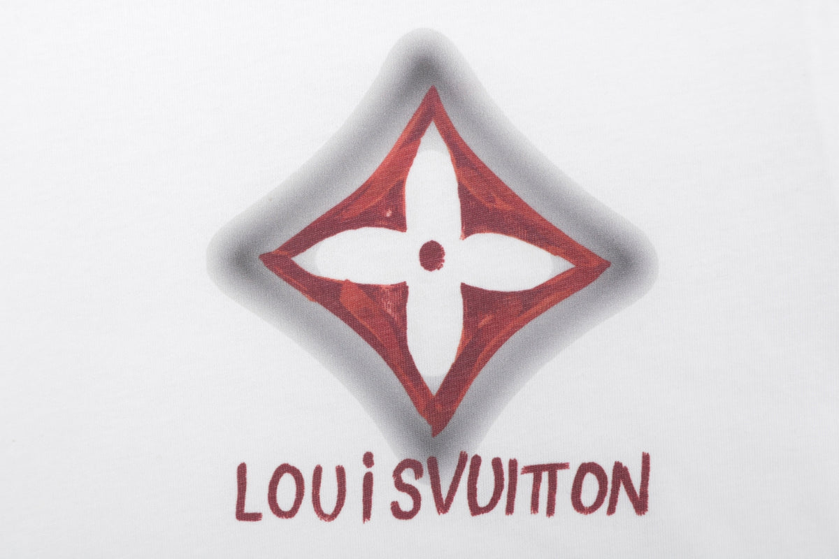 LV Dark Red Diamond Graffiti Print Short Sleeve Tee — White