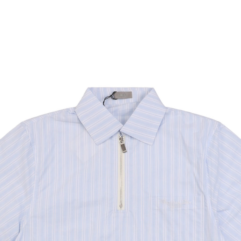 Dior 24SS Vertical Stripe Half-Zip Short Sleeve Shirt — Light Blue