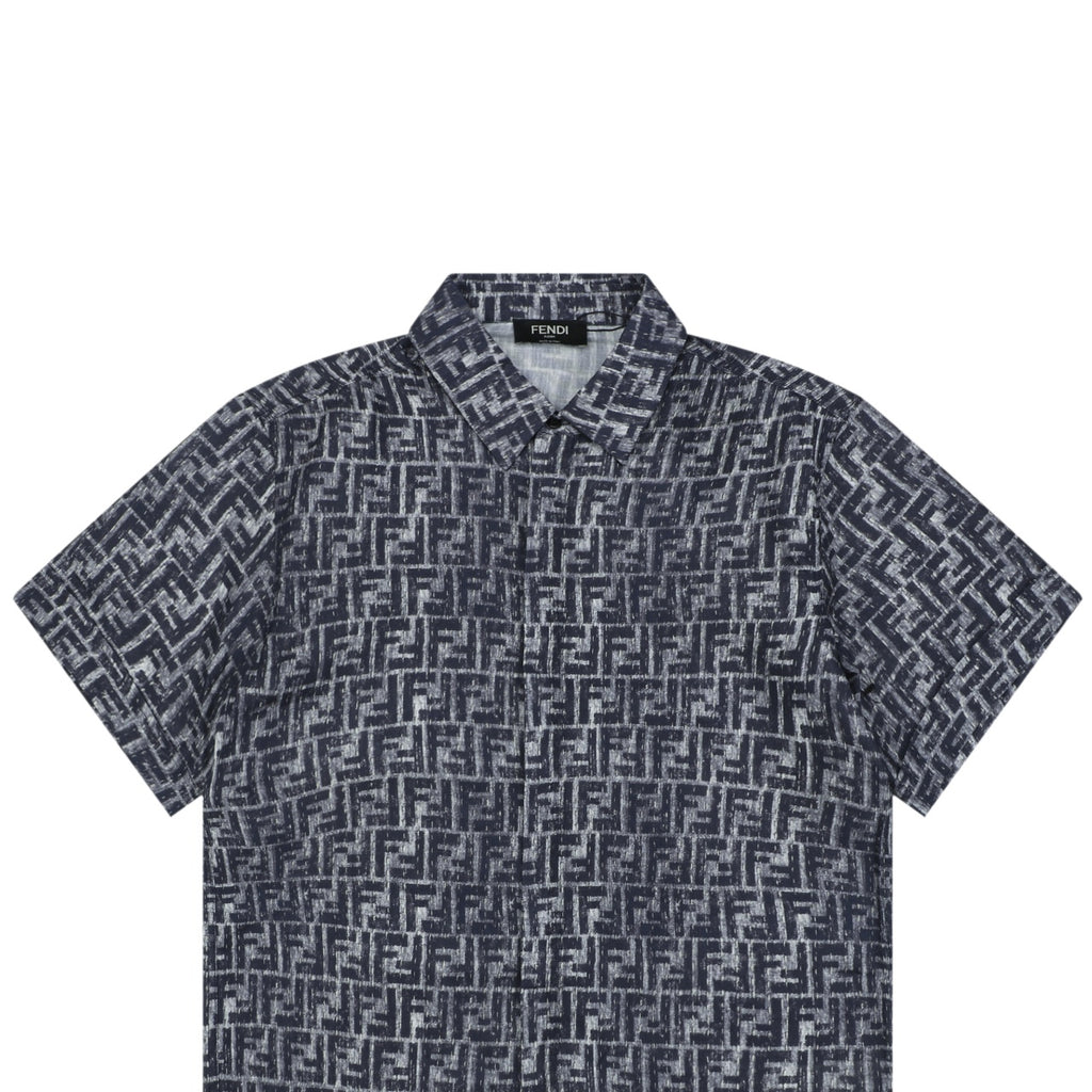 Fendi All-Over FF Monogram Print Short Sleeve Shirt — Gray Blue