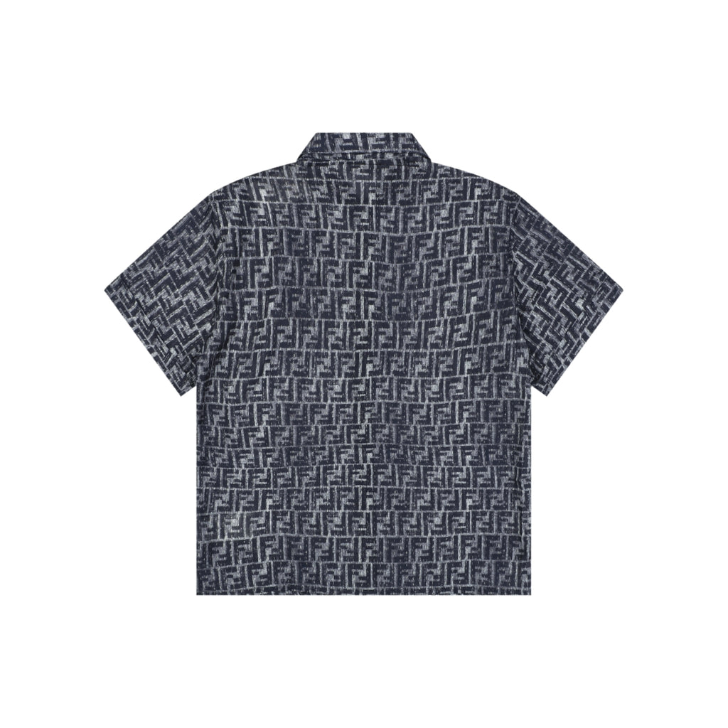 Fendi All-Over FF Monogram Print Short Sleeve Shirt — Gray Blue