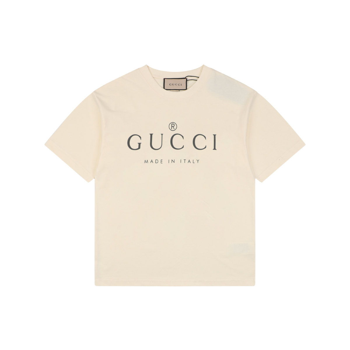 Gucci Registered Logo ‘Made in Italy’ Print Short Sleeve Tee — Cream
