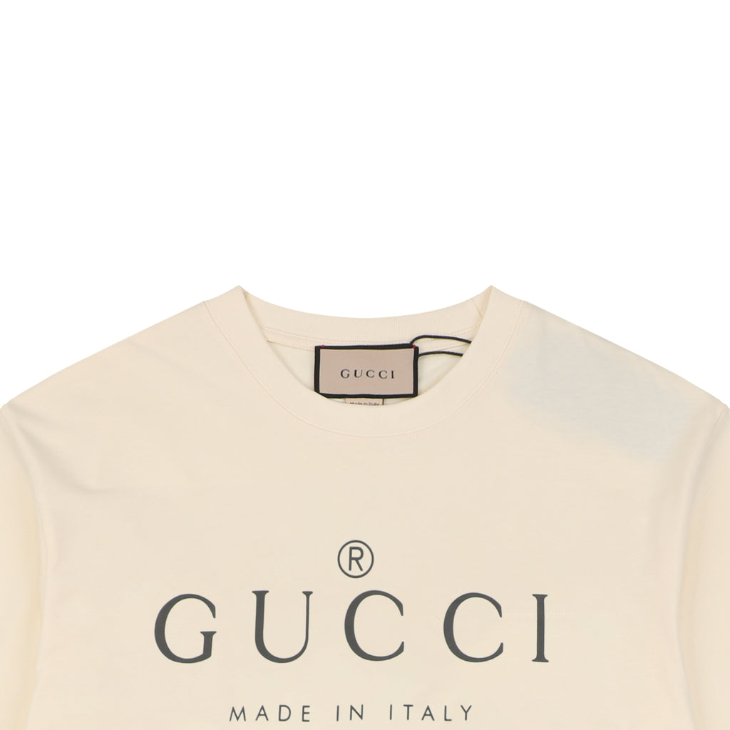 Gucci Registered Logo ‘Made in Italy’ Print Short Sleeve Tee — Cream