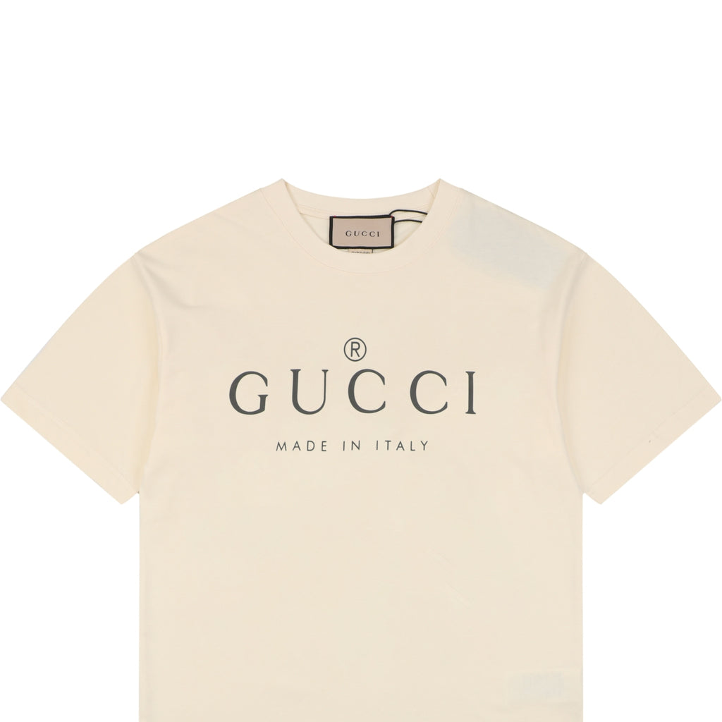Gucci Registered Logo ‘Made in Italy’ Print Short Sleeve Tee — Cream