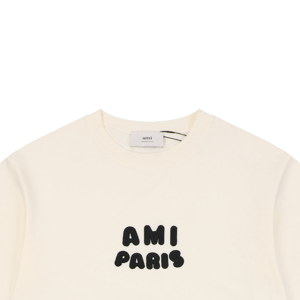 AMI Paris Playful AMI Paris Logo Embroidery Short Sleeve Tee – Cream