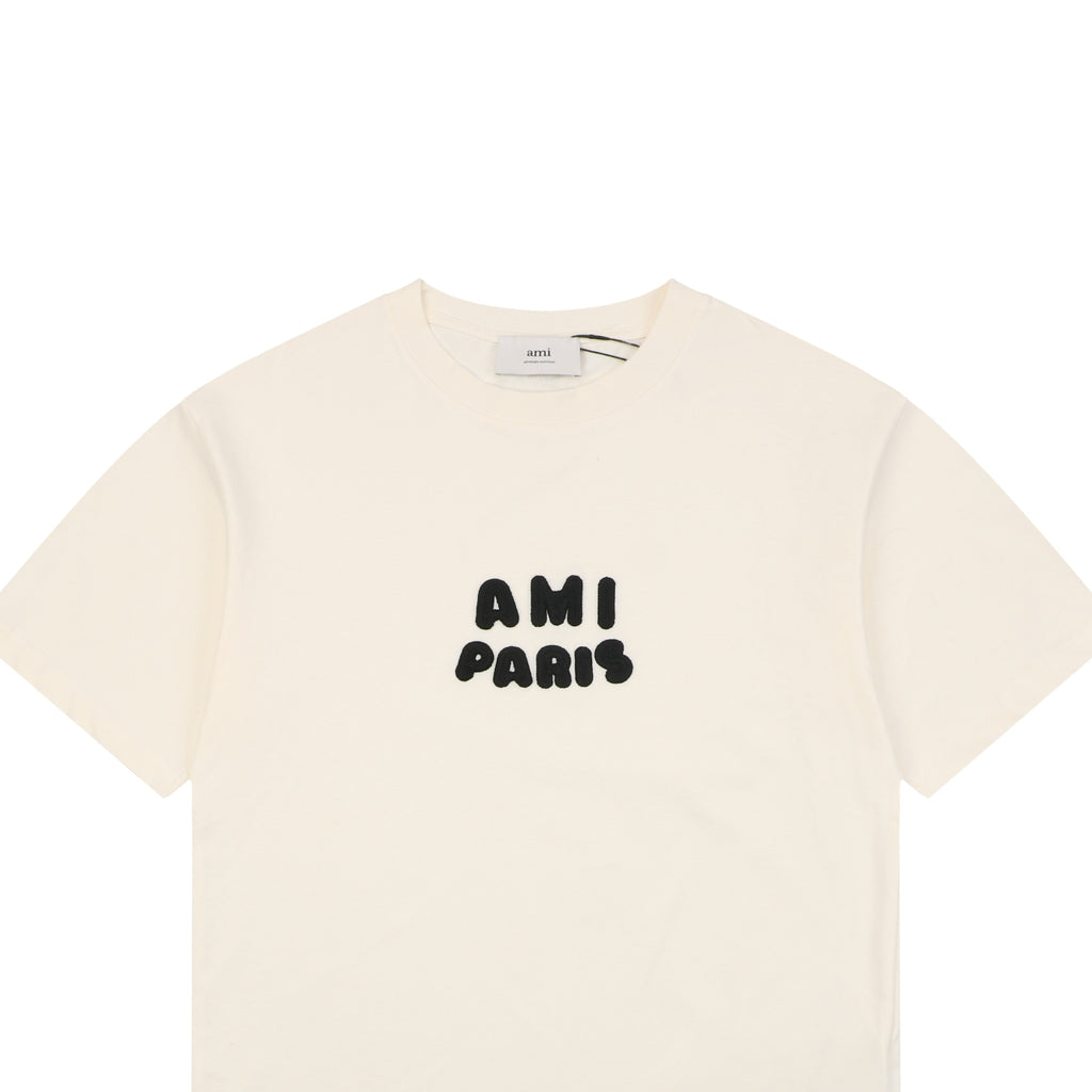 AMI Paris Playful AMI Paris Logo Embroidery Short Sleeve Tee – Cream