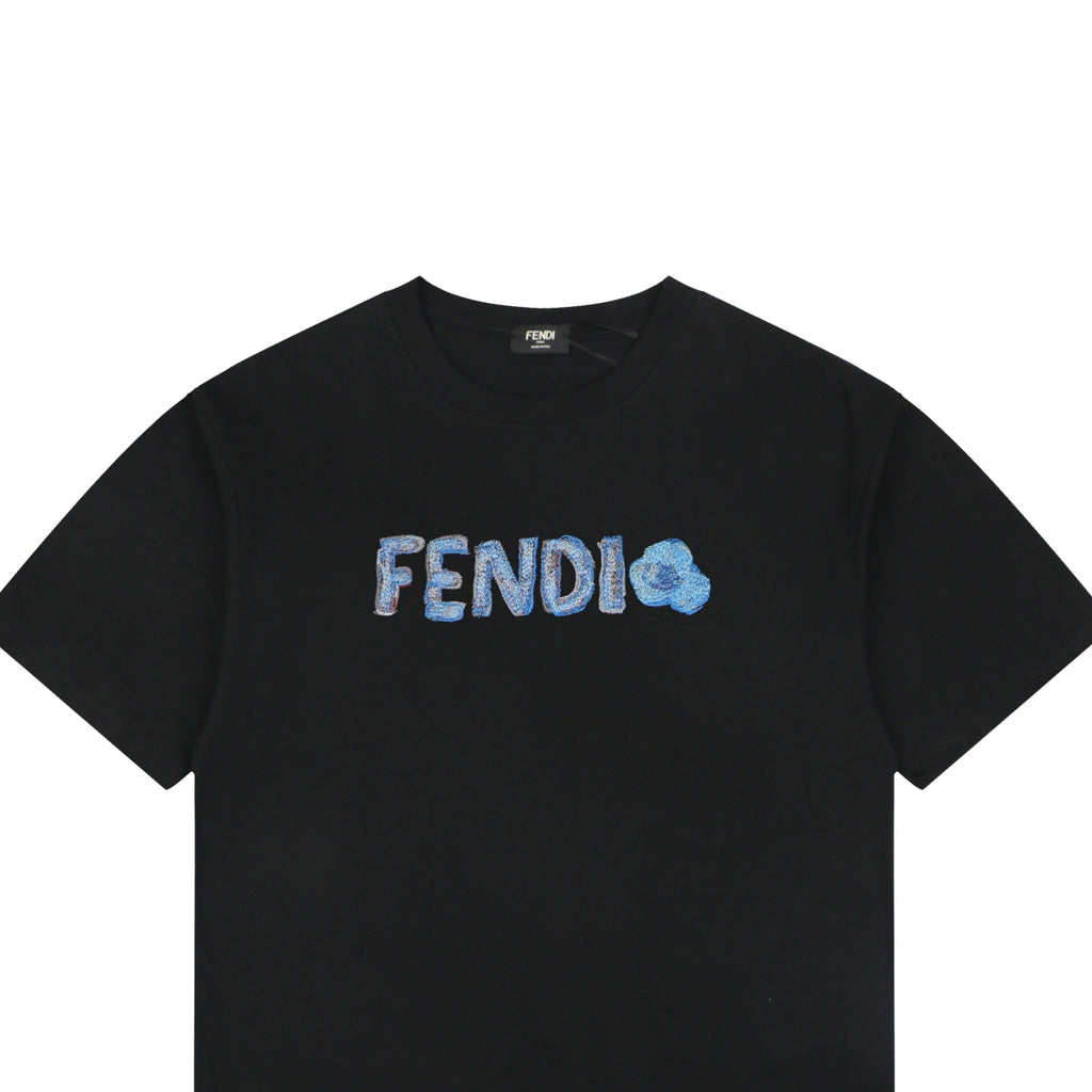 Fendi Gradient FENDI Logo Embroidery Short Sleeve Tee – Black