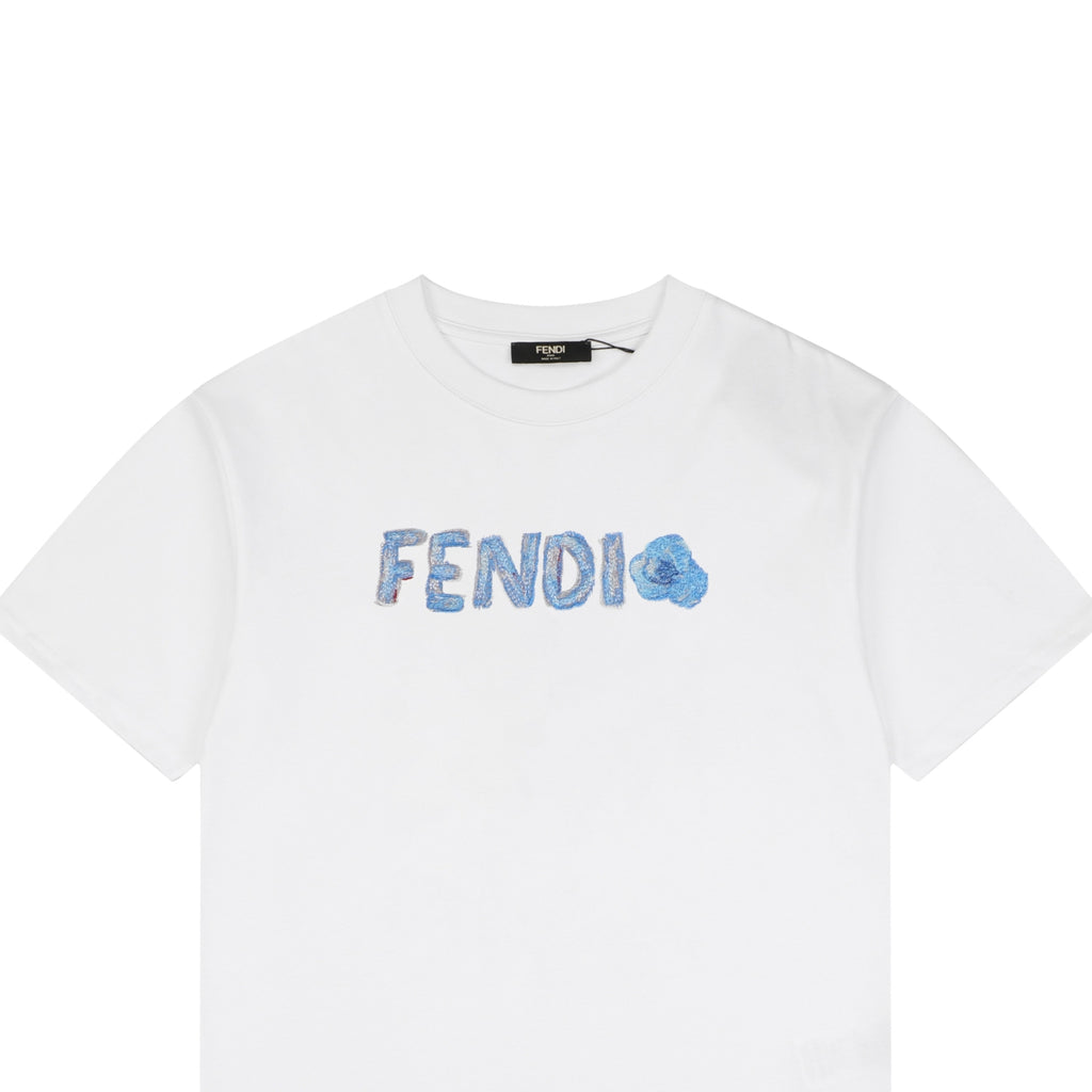 Fendi Gradient FENDI Logo Embroidery Short Sleeve Tee – White